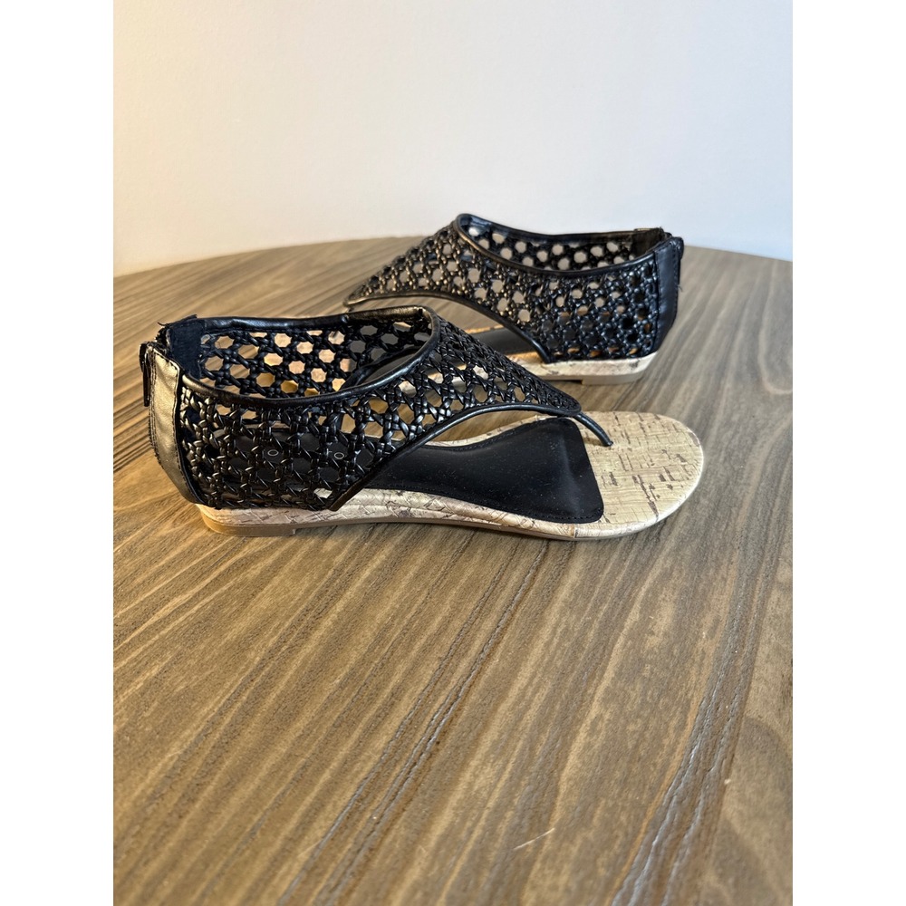 Covington Cancun Sandals Women's 6.5 Black New Woven Cork‎ Cage Wedge Slip On